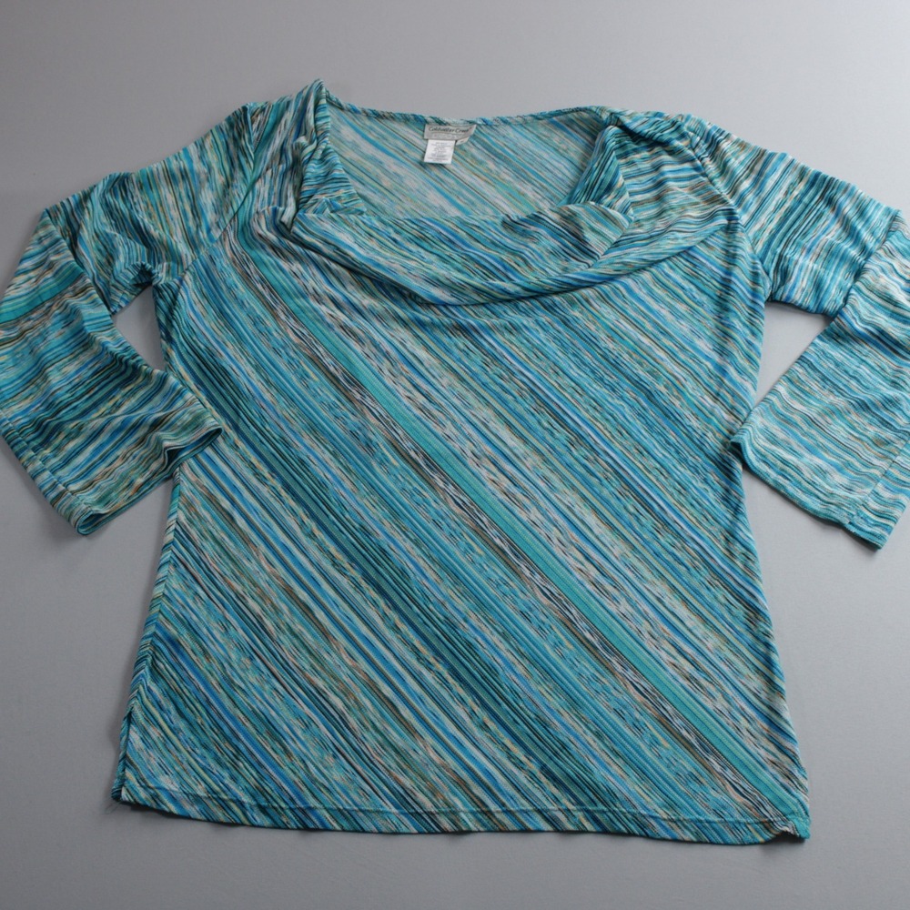 Coldwater Creek Womens M Blue Abstract Stripe Cowl Neck 3/4 Sleeve Knit Top
